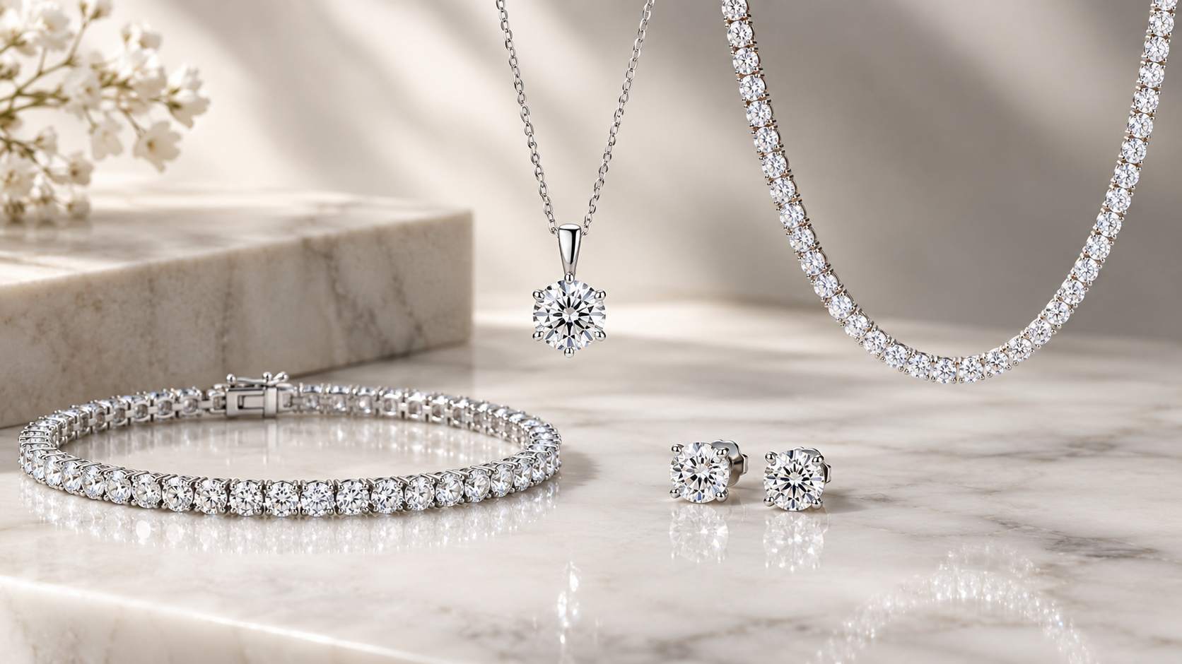 Diamond tennis bracelet, solitaire pendant, tennis necklace and diamond stud earrings in white gold