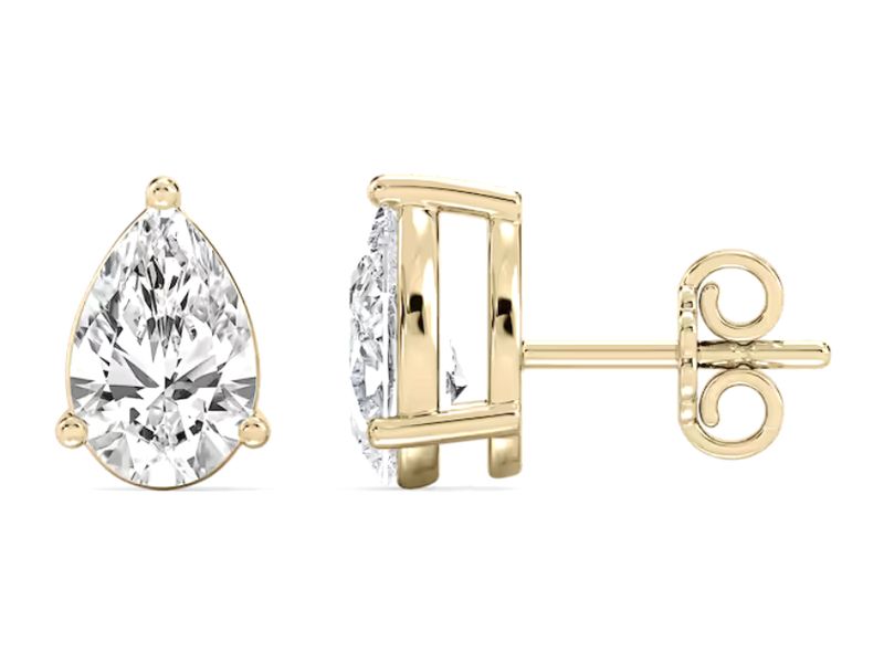 Pear Diamond Studs in yellow gold, side view