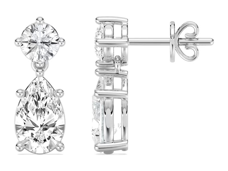 Round & Pear Drop Earrings in white gold, side view