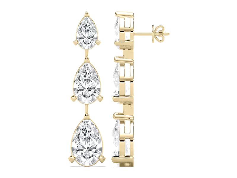 Triple Pear Drop Earrings in yellow gold, side view