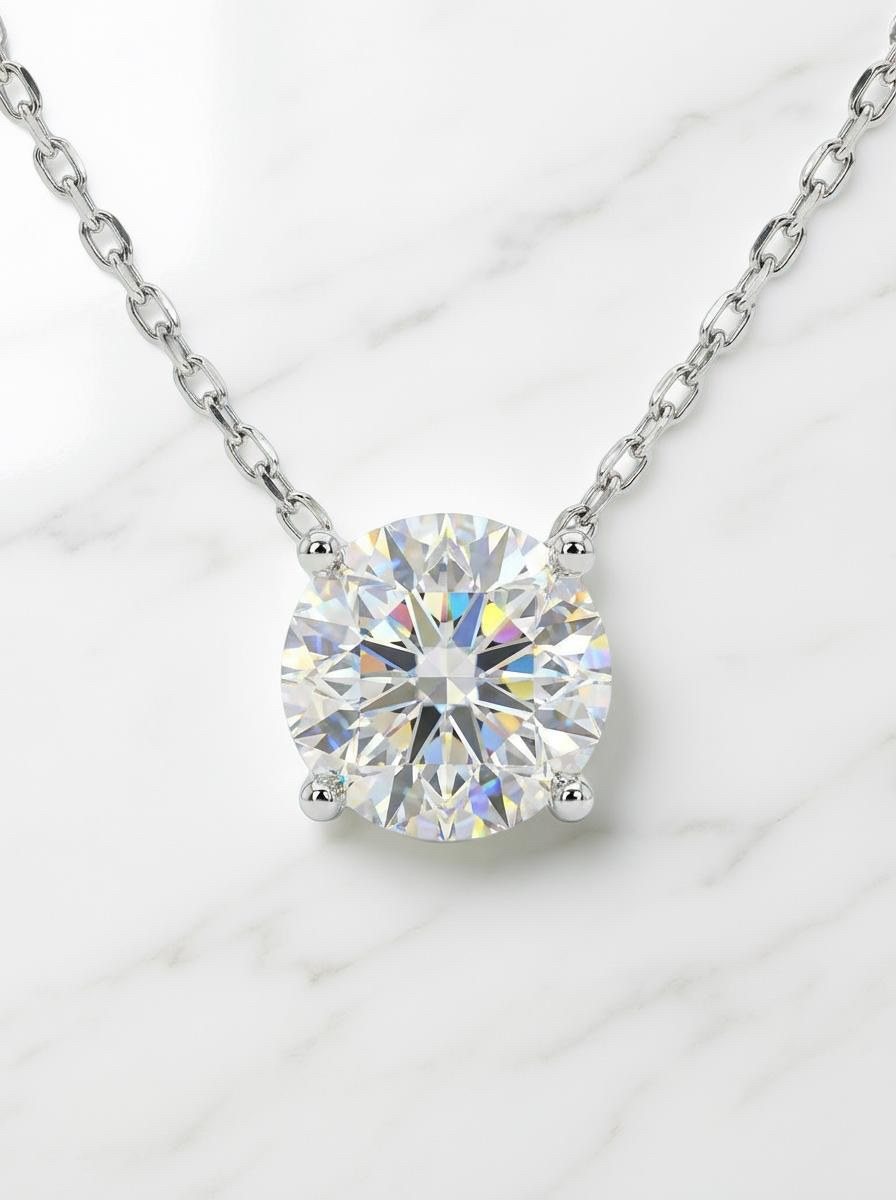 Round lab diamond solitaire pendant in white gold with cable chain
