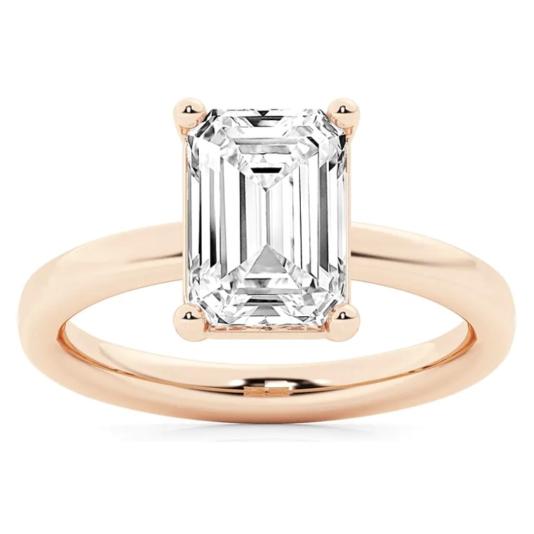 Emerald solitaire diamond engagement ring in rose gold — Jewelry by Allen Joseph, Mahwah NJ