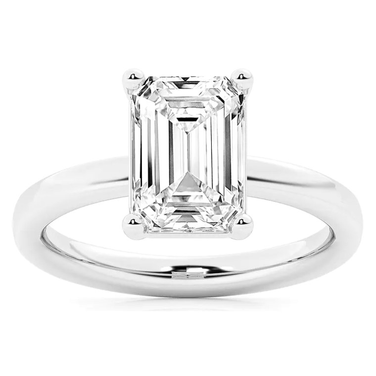 Emerald solitaire diamond engagement ring in white gold — Jewelry by Allen Joseph, Mahwah NJ