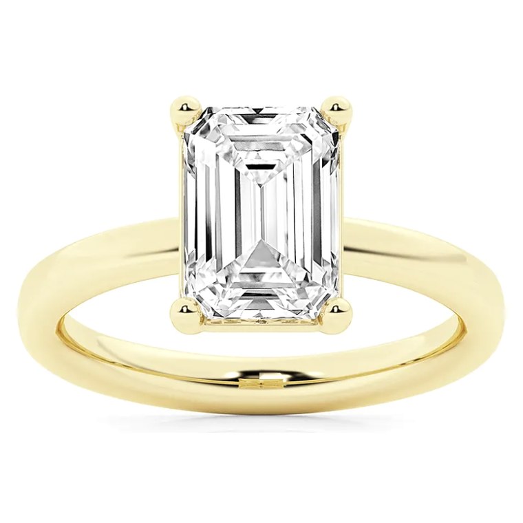 Emerald solitaire diamond engagement ring in yellow gold — Jewelry by Allen Joseph, Mahwah NJ
