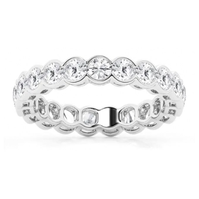 Bezel Eternity wedding band in white gold — Jewelry by Allen Joseph, Mahwah NJ
