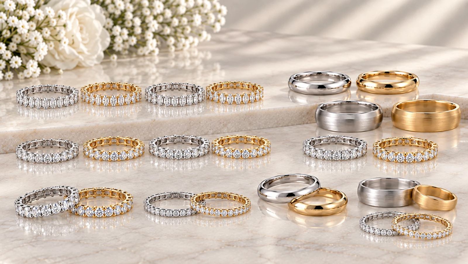 Diamond eternity bands and plain wedding bands in white and yellow gold